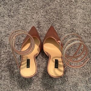 Zara Metallic Rose Gold Pointed-Toe Heels with Spiral Crystal Ankle Straps